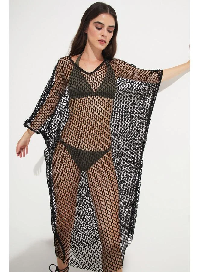 JUNE June Women V Neck Net Detail Long Tunic Black