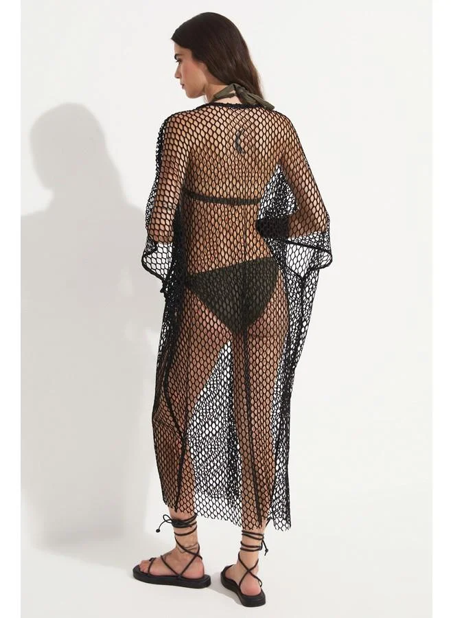 JUNE June Women V Neck Net Detail Long Tunic Black