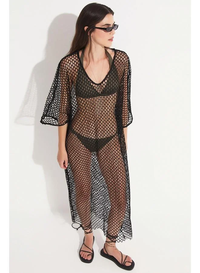 JUNE June Women V Neck Net Detail Long Tunic Black