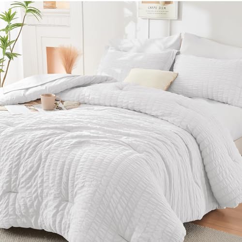 HYMOKEGE HYMOKEGE White Queen Comforter Set Seersucker 7 Pieces All Season Luxury Bed in a Bag for Bedroom Bedding Set with Comforters Sheets Pillowcases  Shams 