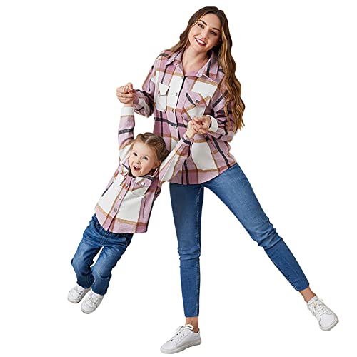 AWIBMK Mommy and me Matching Outfits Women Girls Plaid Flannel Shirts Jacket Long Sleeve Lapel Button Down Shacket Coat Autumn Casual Top Mom Daughter Family Fall Winter Clothes Outwear Pink Grey 8-9 Years - Image 1
