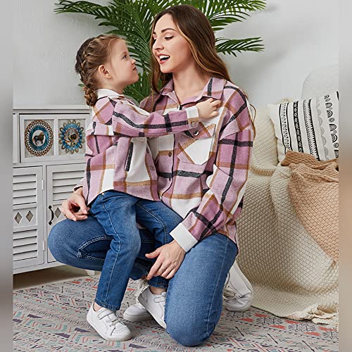AWIBMK Mommy and me Matching Outfits Women Girls Plaid Flannel Shirts Jacket Long Sleeve Lapel Button Down Shacket Coat Autumn Casual Top Mom Daughter Family Fall Winter Clothes Outwear Pink Grey 8-9 Years - Image 3