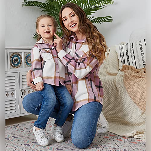 AWIBMK Mommy and me Matching Outfits Women Girls Plaid Flannel Shirts Jacket Long Sleeve Lapel Button Down Shacket Coat Autumn Casual Top Mom Daughter Family Fall Winter Clothes Outwear Pink Grey 8-9 Years - Image 2