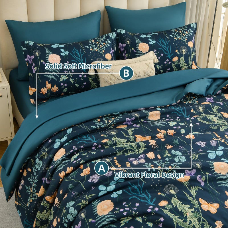 Yiran King Size Comforter Set 7 Pieces, Peacock Blue Botanical Floral Winter Comforter Bedding Set, Bed in a Bag King, Soft Microfiber Complete Bedding Set with Sheets for All Season - Image 4