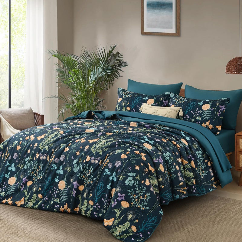 Yiran King Size Comforter Set 7 Pieces, Peacock Blue Botanical Floral Winter Comforter Bedding Set, Bed in a Bag King, Soft Microfiber Complete Bedding Set with Sheets for All Season - Image 2