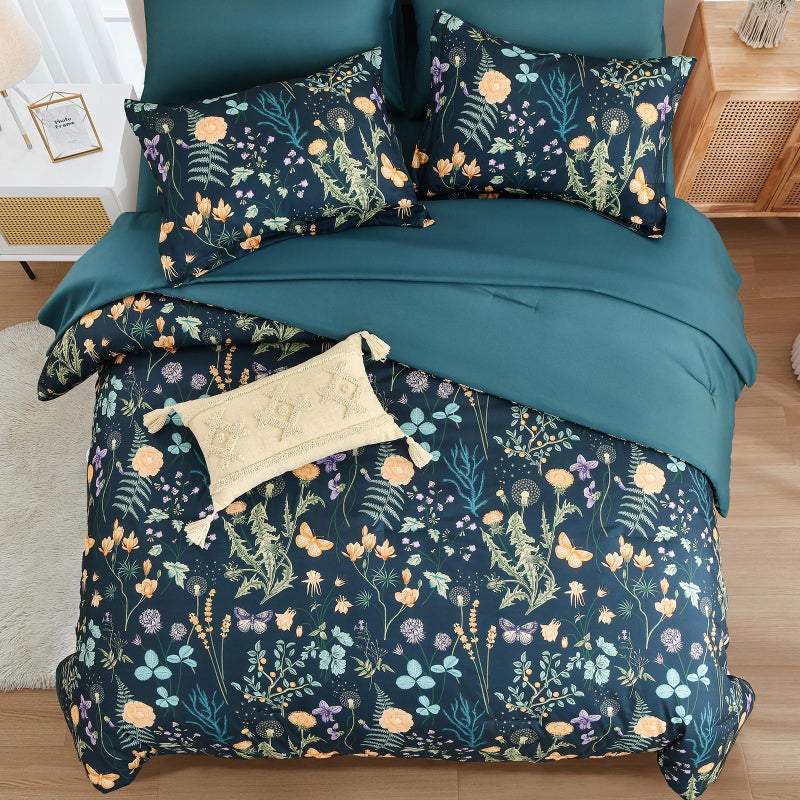 Yiran King Size Comforter Set 7 Pieces, Peacock Blue Botanical Floral Winter Comforter Bedding Set, Bed in a Bag King, Soft Microfiber Complete Bedding Set with Sheets for All Season - Image 3