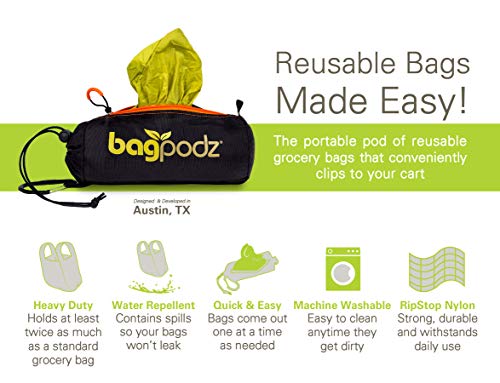 bagpodz Sturdy Reusable Grocery Bags Foldable and Washable - Made From RipStop Nylon Hold 50lbs - Designed in USA Reusable Shopping Bags Inside a Compact Pod with Carry Clip - 10 Pack in Green - Image 4