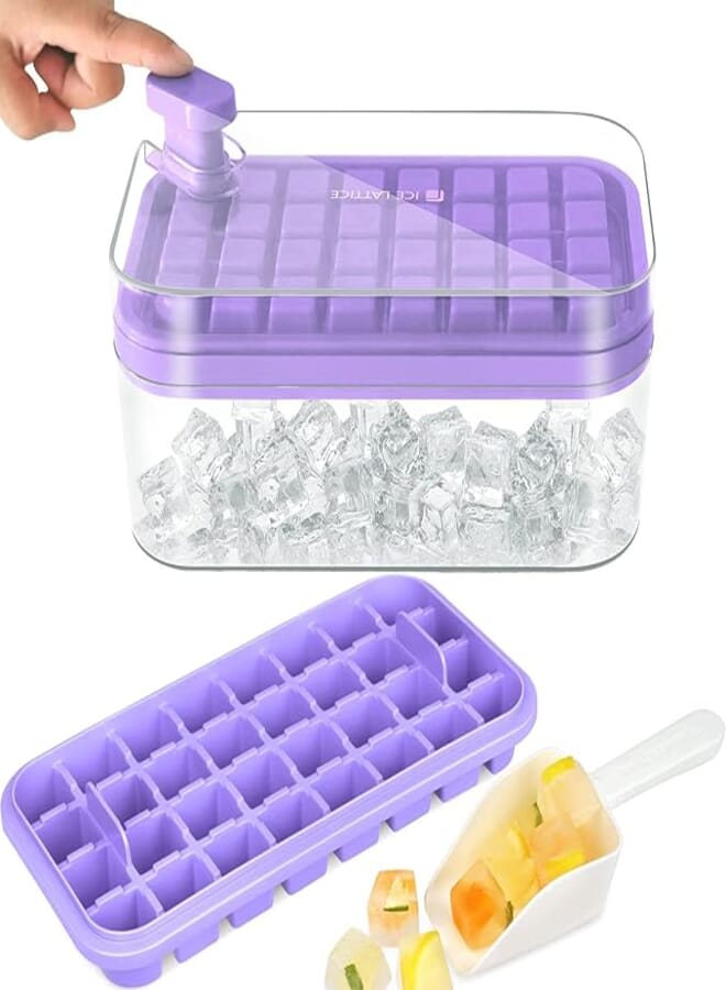 EYSOO Ice Cube Tray 64 Grids Ice Tray with Lid Easy-release Ice Cube Molds Ice Cube Trays for Freezer BPA Free Pressing Ice Cube Maker Ice Maker Tray with Bin for Beverage Coffee Fruit Yogurt (Purple)