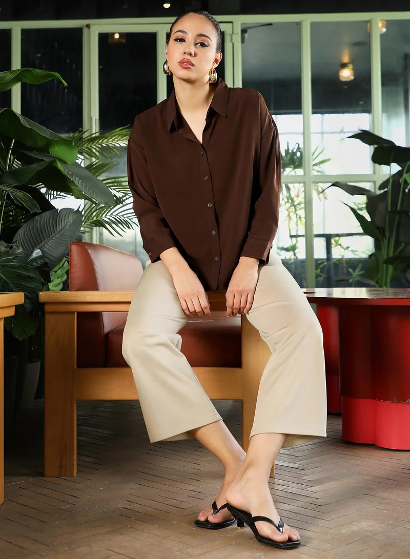 Pinacolada  Women's Chocolate Brown Satin Oversized Shirt for Women | Best Price UAE
