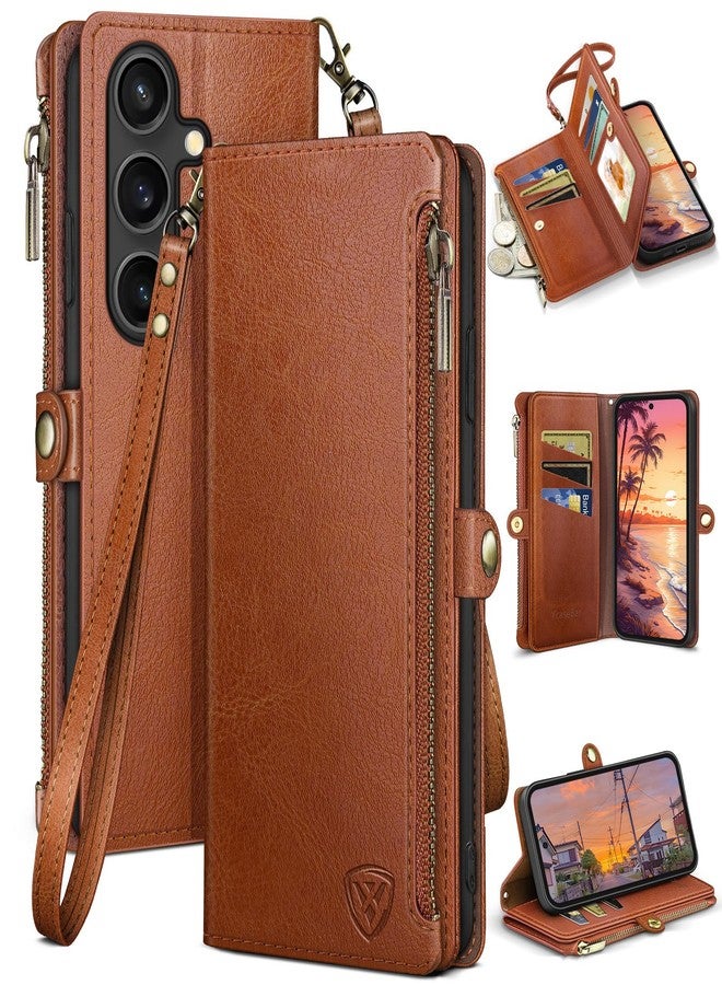 XcaseBar compatible with Samsung Galaxy S25 Wallet case with Zipper Credit Card Holder【RFID Blocking】,Flip Folio Book PU Leather Cover Shockproof Phone case Women Men for Samsung S25 case Light Brown - Image 1