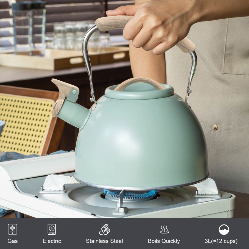 TEDSWAIT 3.2 Quart Whistling Tea Kettle for Stove Top Stainless Steel Tea Pots With Wood Pattern Anti-slip Handle, Greenâ€¦ - Image 2