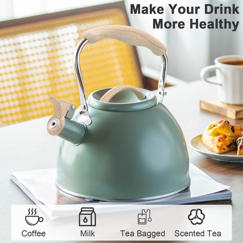 TEDSWAIT 3.2 Quart Whistling Tea Kettle for Stove Top Stainless Steel Tea Pots With Wood Pattern Anti-slip Handle, Greenâ€¦ - Image 3
