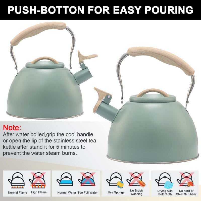 TEDSWAIT 3.2 Quart Whistling Tea Kettle for Stove Top Stainless Steel Tea Pots With Wood Pattern Anti-slip Handle, Greenâ€¦ - Image 5