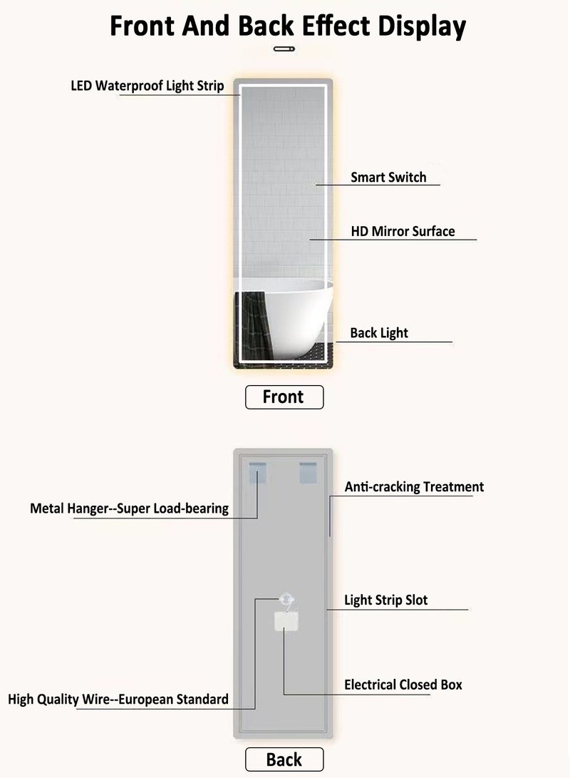 Modern Wall-Mounted LED Full-Length Mirror With Lights Smart Touch Warm LED Light Full Body Vanity Mirror Cosmetic Mirror For Living Room Bedroom Corridor