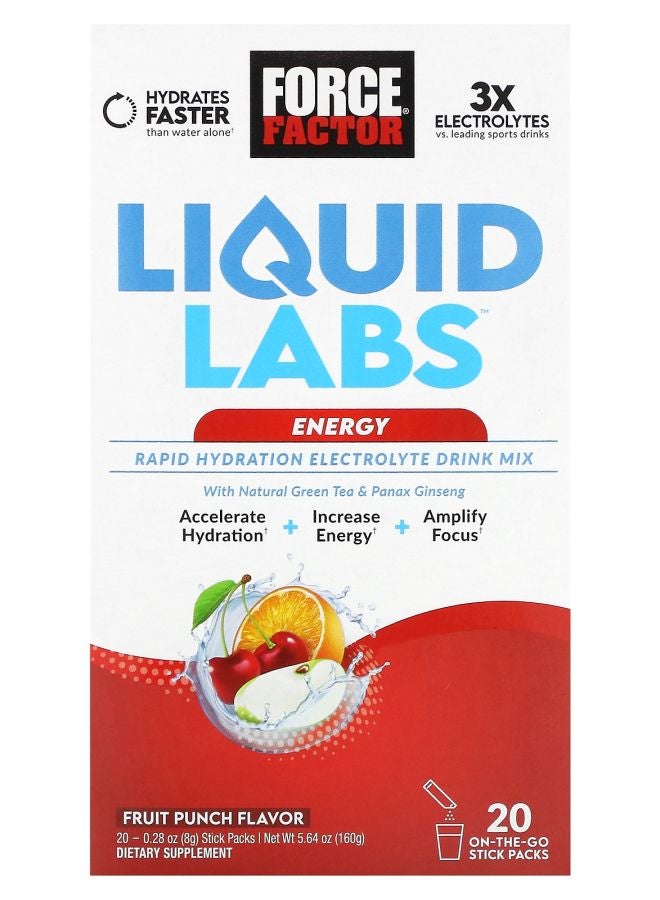 Force Factor Liquid Labs™ Energy Rapid Hydration Electrolyte Drink Mix Fruit Punch 20 Stick Packs 0.28 oz (8 g) Each