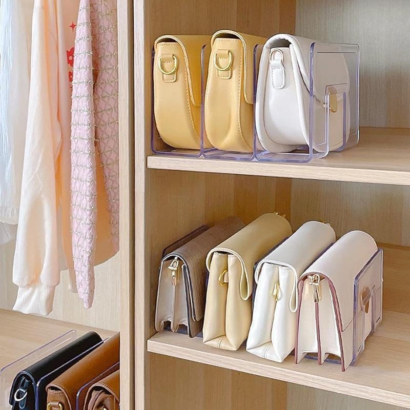 YAGELI Clear Acrylic Purse/Handbag Organizer - 3 Sections Divider for Closet Storage - Sturdy Organizer Rack for Purses, Handbags, and Clutches (4Pack-3Sections) - Image 4