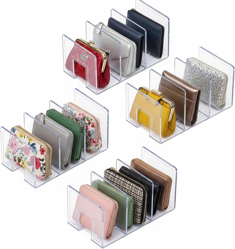 YAGELI Clear Acrylic Purse/Handbag Organizer - 3 Sections Divider for Closet Storage - Sturdy Organizer Rack for Purses, Handbags, and Clutches (4Pack-3Sections) - Image 1