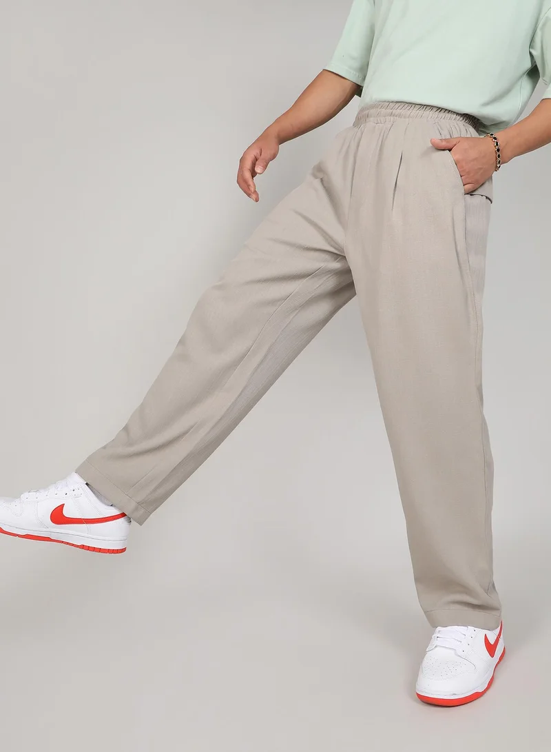 Campus Sutra Campus Sutra Men's Lightweight Linen-Blend Tailored Trousers | Elastic Waist | Regular Fit | Everyday Wear