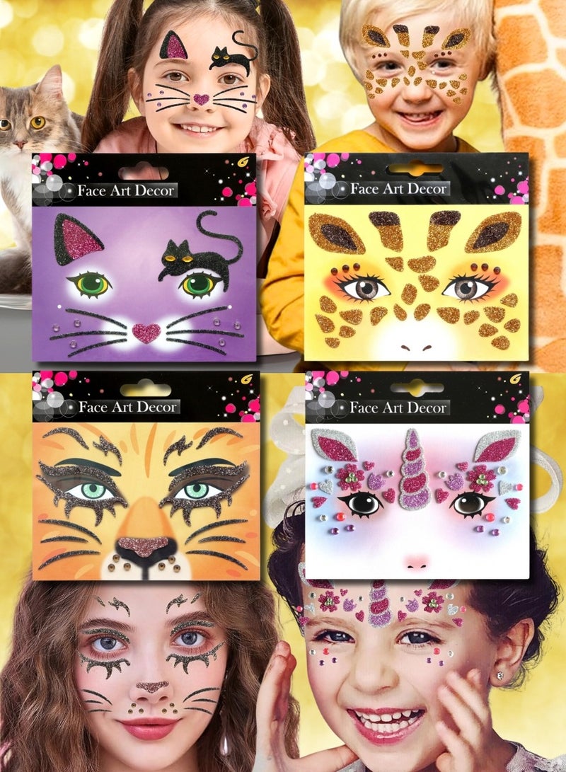 Kids’ Glitter Animal Face Stickers – 4 Sheets | Premium Peel & Stick Festival Makeup for Unicorn, Lion, Giraffe & Cat Looks | Safe & Mess-Free Face Art for Girls, Boys, Birthdays, Playdates & Dress-Up Fun  - Image 1