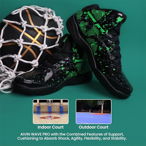 Aivin Wave Pro Men's Basketball Shoes for Men, Durable Rubber Sole, Indoor & Outdoor Court Shoes, Soft Cushion NR EVA Inner Insole, High-Performance Footwear for Basketball (Black/Green, UK Footwear Size System, Adult, Men, Numeric, Medium, 6) - Image 5