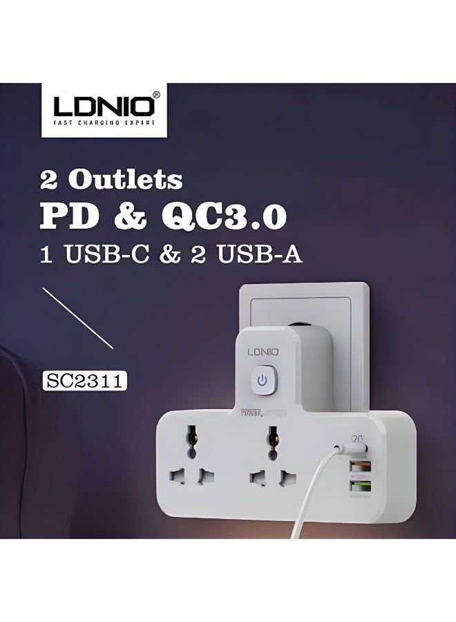 لدنيو مشترك كهربائي -LDNIO SC2311 بمنفذين USB ومنفذ شحن USB-C  وشحن سريع PD QC - لمبة ليلية تعمل باللمس – اللون ابيض - Image 4