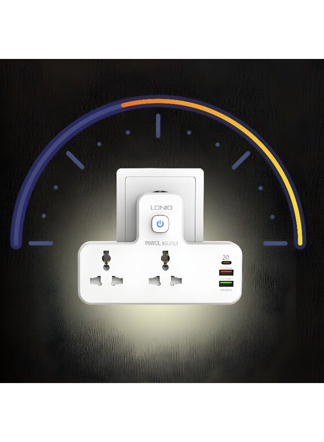 لدنيو مشترك كهربائي -LDNIO SC2311 بمنفذين USB ومنفذ شحن USB-C  وشحن سريع PD QC - لمبة ليلية تعمل باللمس – اللون ابيض - Image 2