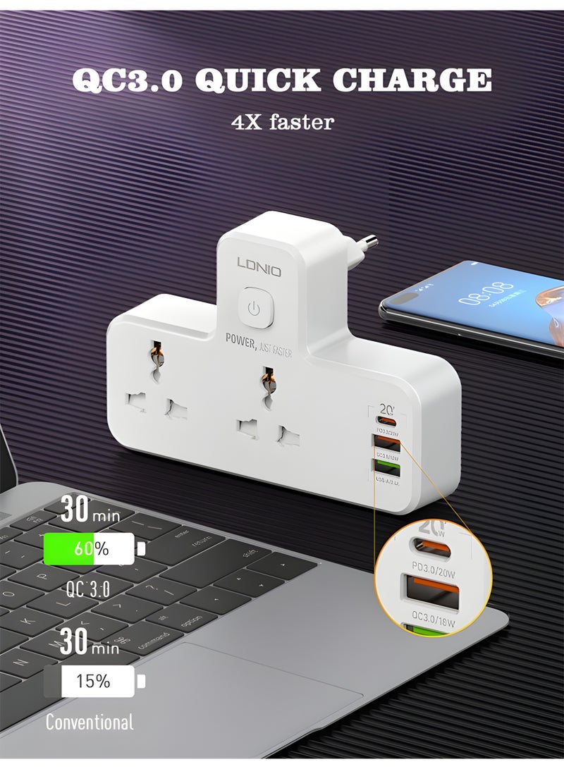 لدنيو مشترك كهربائي -LDNIO SC2311 بمنفذين USB ومنفذ شحن USB-C  وشحن سريع PD QC - لمبة ليلية تعمل باللمس – اللون ابيض - Image 3
