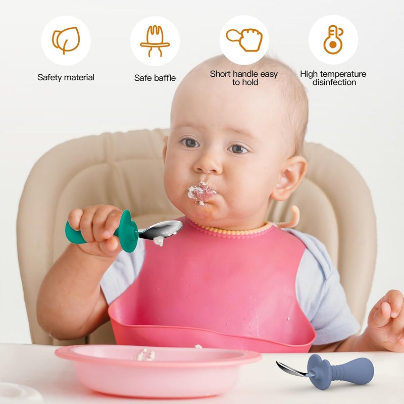 SFCCMM 2 Pcs Baby Spoons Toddler Spoons for Self Feeding Kids Spoons with Silicone Round Handle Stainless Steel Toddler Utensils Children Safe Silverware Set AntiChoke Design BPA Free  Green Blue - Image 2