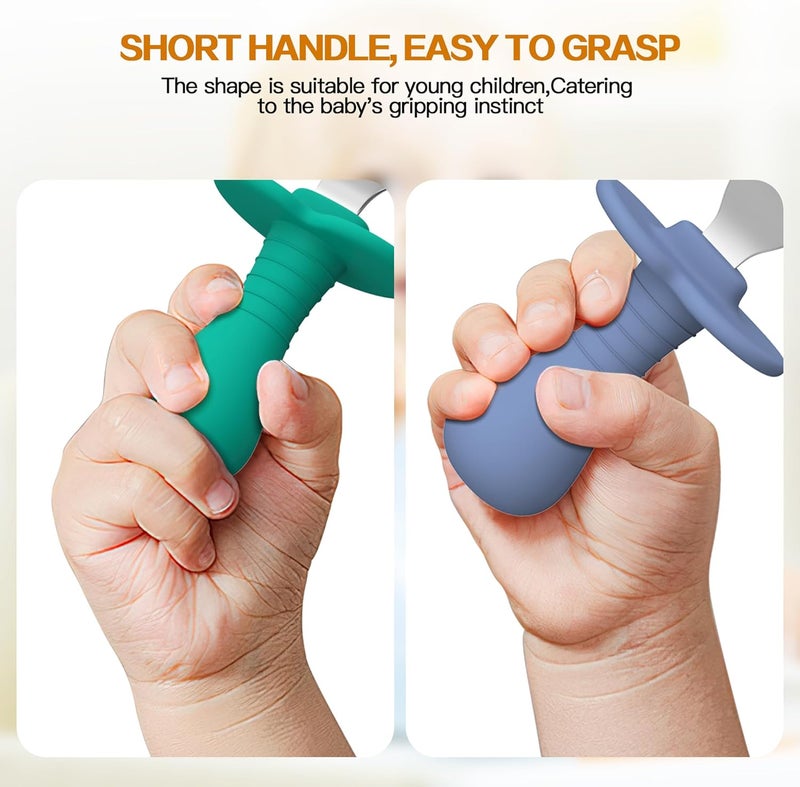 SFCCMM 2 Pcs Baby Spoons Toddler Spoons for Self Feeding Kids Spoons with Silicone Round Handle Stainless Steel Toddler Utensils Children Safe Silverware Set AntiChoke Design BPA Free  Green Blue - Image 4