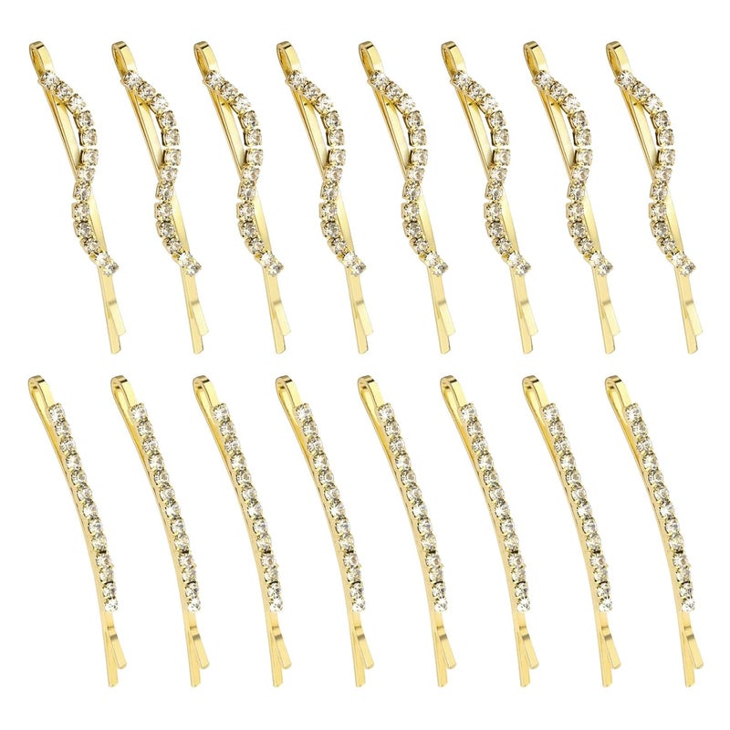 16 Pieces Fancy Rhinestone Bobby Pins YISSION Gold Metal Hair Clips 2 Shaped Barrettes Sparkly Crystal Hair Accessories for Women Girls Wedding Prom Party