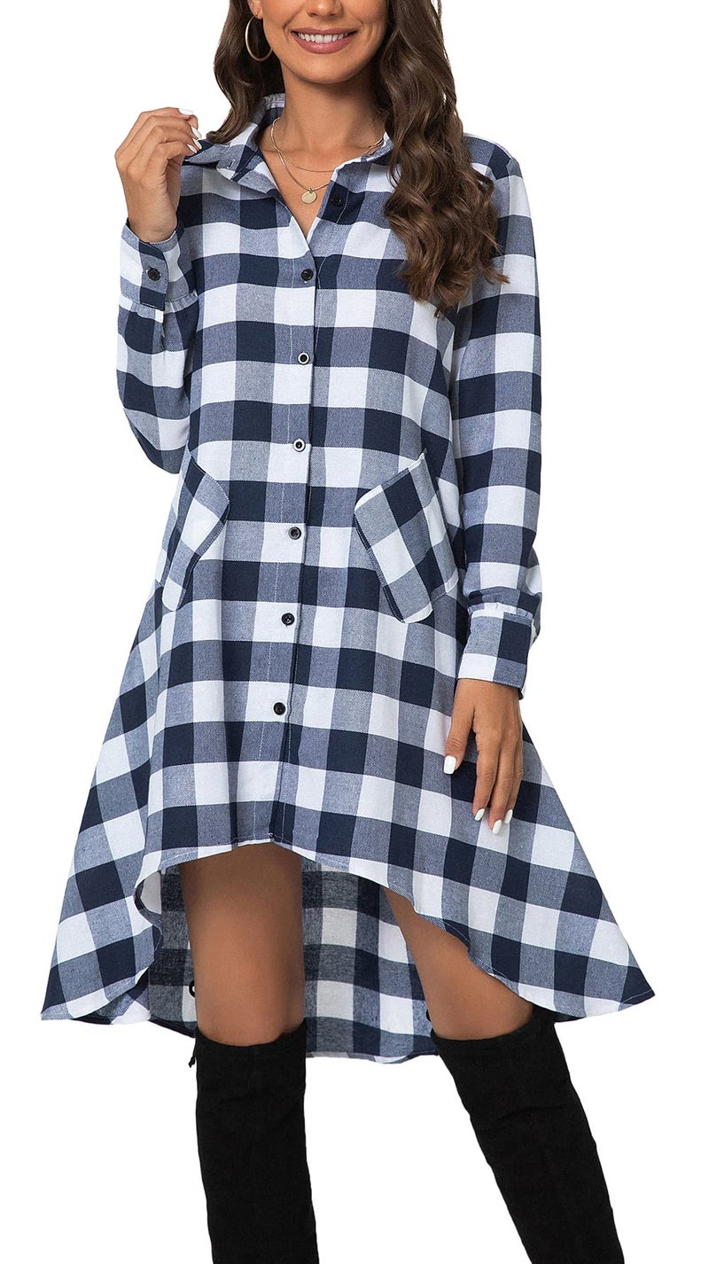 olrain Womens Plaids V Neck Long Sleeve Irregular Hem Casual Shirt Dress (XXX-Large, Blue White) - Image 3