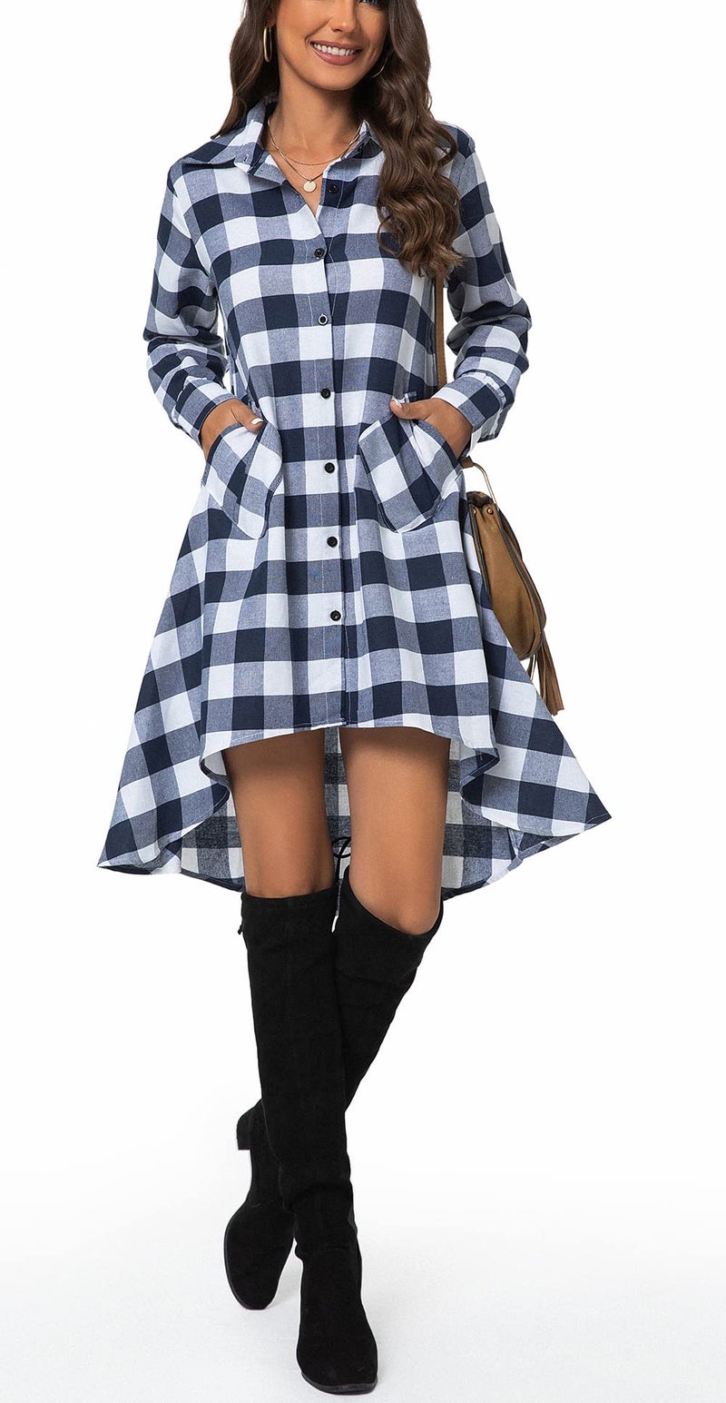 olrain Womens Plaids V Neck Long Sleeve Irregular Hem Casual Shirt Dress (XXX-Large, Blue White) - Image 5