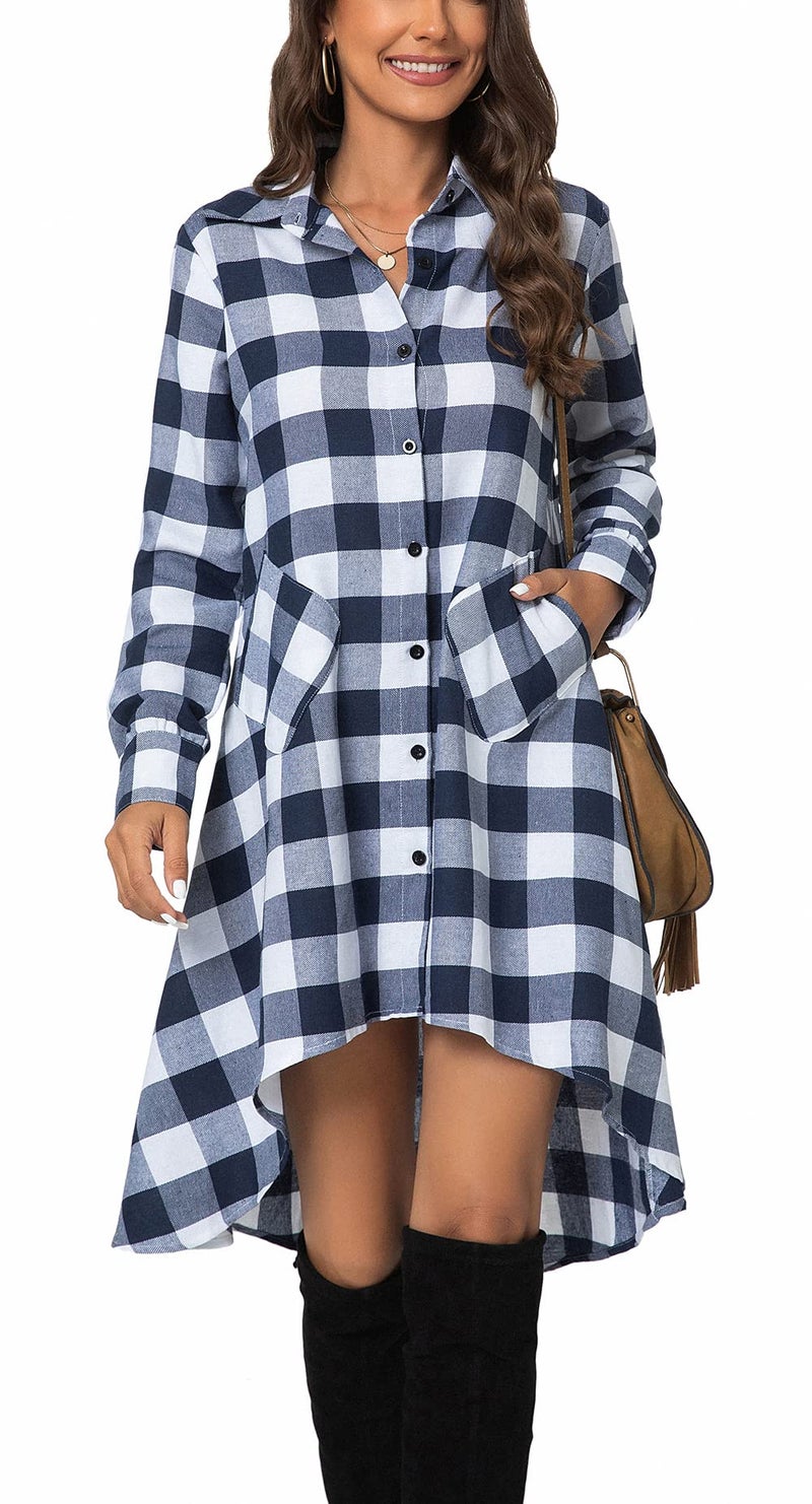olrain Womens Plaids V Neck Long Sleeve Irregular Hem Casual Shirt Dress (XXX-Large, Blue White) - Image 4