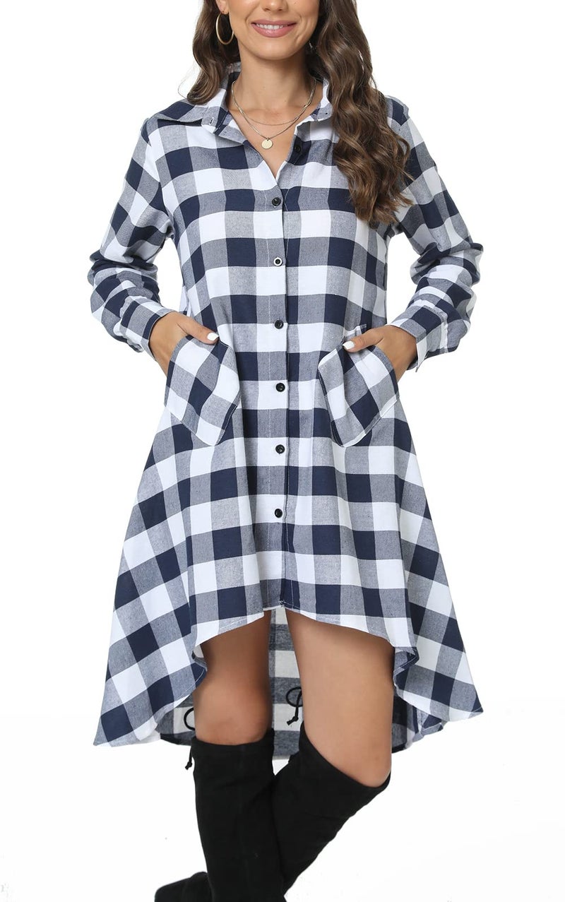 olrain Womens Plaids V Neck Long Sleeve Irregular Hem Casual Shirt Dress (XXX-Large, Blue White) - Image 1