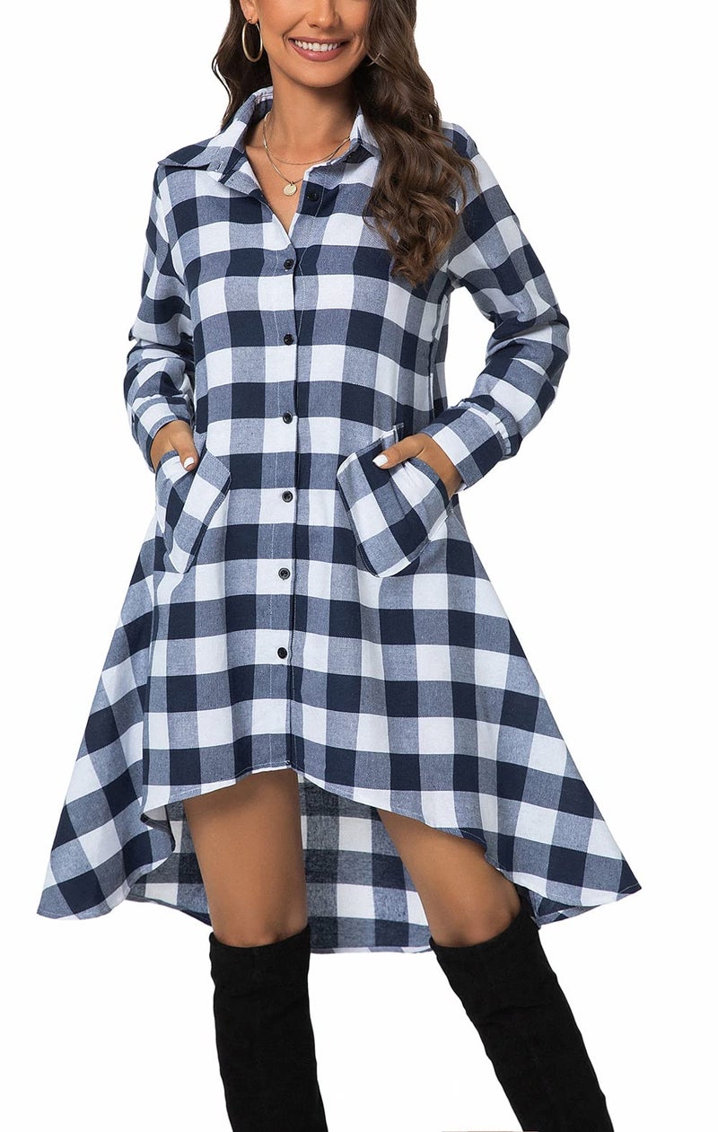 olrain Womens Plaids V Neck Long Sleeve Irregular Hem Casual Shirt Dress (XXX-Large, Blue White) - Image 2