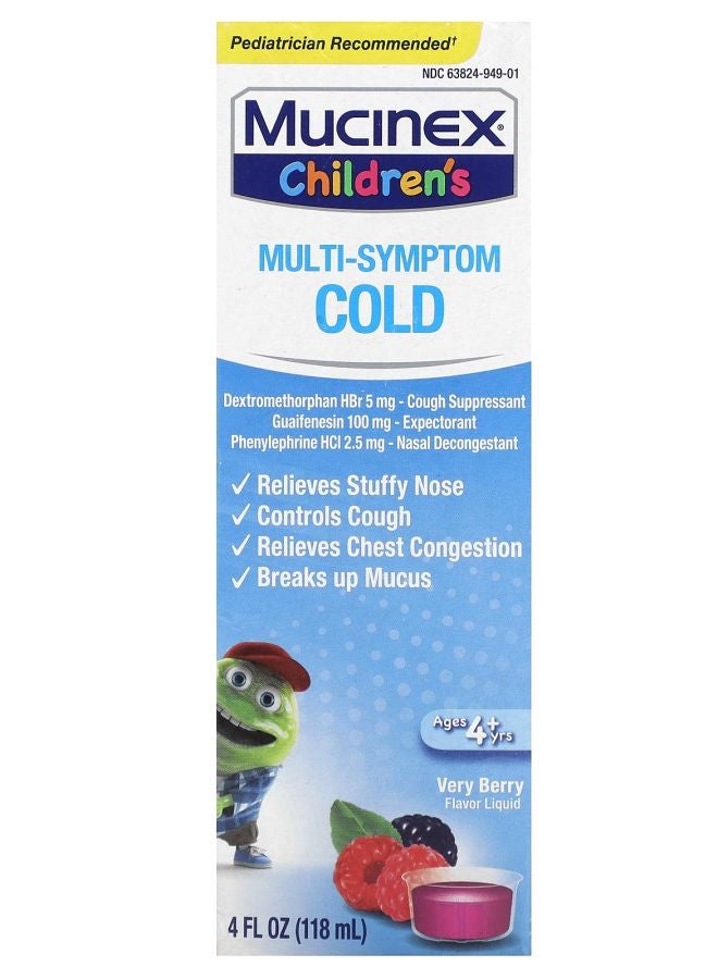 MUCINEX دواء البرد متعدد الأعراض للأطفال من عمر 4 سنوات فما فوق بنكهة التوت 4 أونصة سائلة (118 مل)