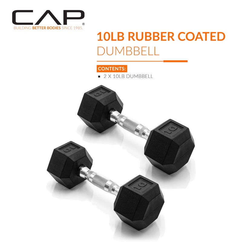 CAP Barbell 10 LB Rubber Coated Hex Dumbbell Hand Weight - Pair | Chrome Handle - Image 2