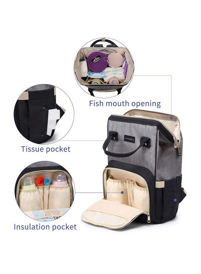 Motherly حقائب حفاضات ميوز إيفرغرين للأمهات مع حقيبة زجاجة واحدة + حصيرة تغيير حفاضات واحدة + مجموعة من خطافات عربة الأطفال (أسود رمادي) - Image 5