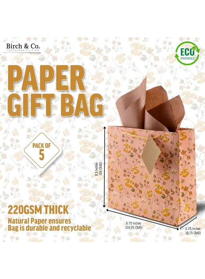 Birch & Co. حقائب هدايا بيرش وشركاه - حقائب ورقية متوسطة لحمل الهدايا مع مناديل وبطاقة شكر - عبوة من 5، خوخي - Image 2