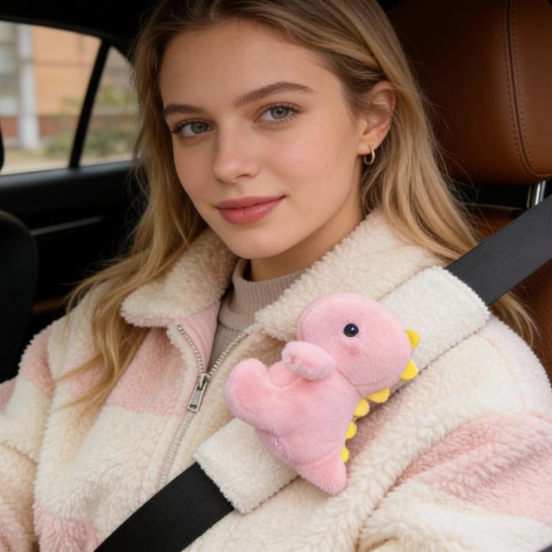 Zigihos 2 PCS Seat Belt Cover Pad, Cute Dinosaur Seatbelt Covers for Kids, Winter Plush Fluffy Soft Seatbelt Cushion, Car Seat Strap Pads (Pink+Green) - Image 4
