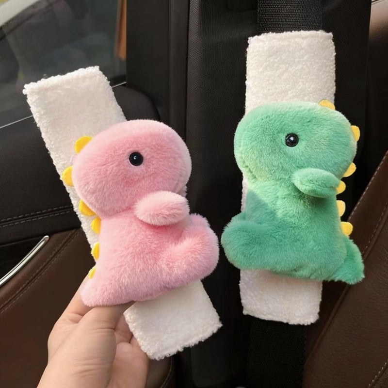 Zigihos 2 PCS Seat Belt Cover Pad, Cute Dinosaur Seatbelt Covers for Kids, Winter Plush Fluffy Soft Seatbelt Cushion, Car Seat Strap Pads (Pink+Green) - Image 1
