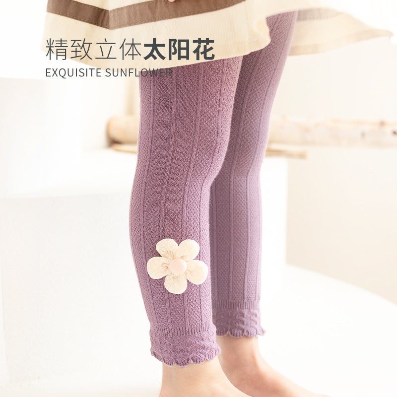 2022 New Korean Style Solid Color Children'S Leggings Cute Little Flower Baby Girls' Leather Band Ankle-Length Pants Breathable - Image 3