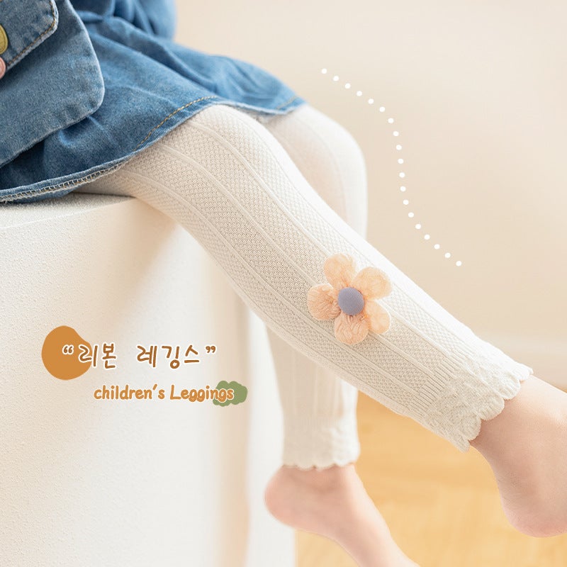 2022 New Korean Style Solid Color Children'S Leggings Cute Little Flower Baby Girls' Leather Band Ankle-Length Pants Breathable - Image 2