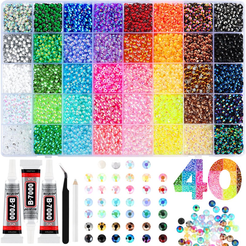 Zefy 40 Colors Resin Jelly Rhinestones for Bedazzling, 4mm 19000 Pcs Flatback Gems for Crafting, Bedazzling Kit with 3Pcs B7000 Glue for Clothing Shoes Nail Book Diamond Art - Image 1