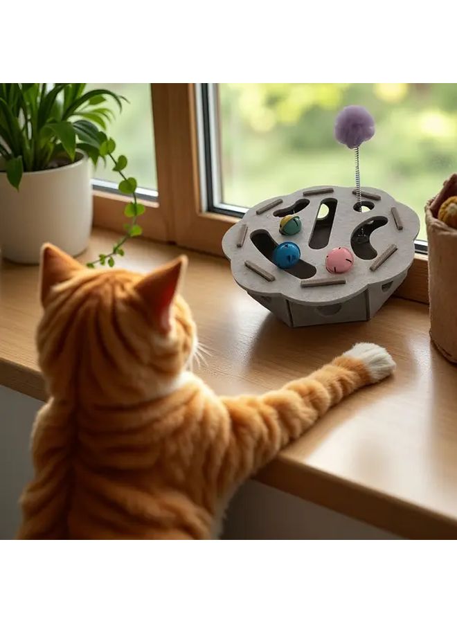 White Floral Embroidered Cat Puzzle Felt Box With 3 Teaser Bells Balls And 1 Teaser Wand Pet Enrichment Self Soothing Game Set - Image 4