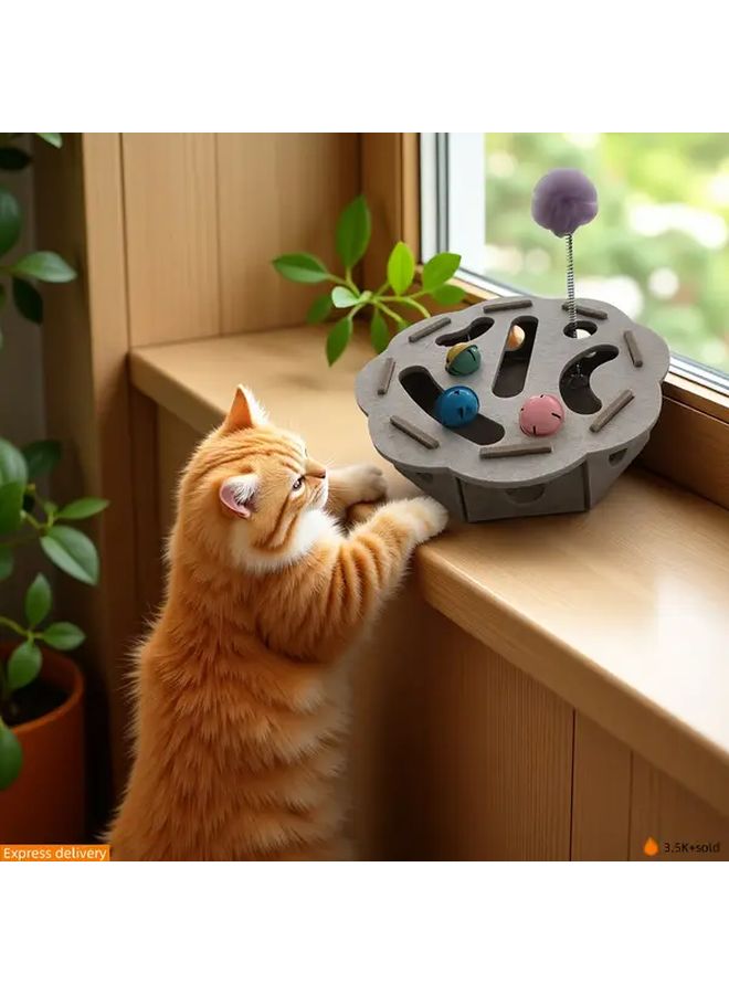 White Floral Embroidered Cat Puzzle Felt Box With 3 Teaser Bells Balls And 1 Teaser Wand Pet Enrichment Self Soothing Game Set - Image 1
