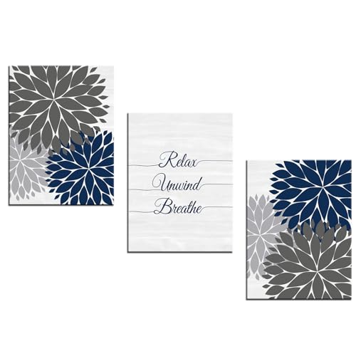 iHAPPYWALL 3 Pieces Relax Unwind Navy Bathroom Wall Art Blue and Grey Bath Flowers Funny Bathroom Sign Art Print for Spa Yoga Bedroom Wall Decor Ready to Hang 12x16inchx3pcs - Image 1