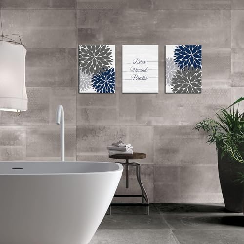 iHAPPYWALL 3 Pieces Relax Unwind Navy Bathroom Wall Art Blue and Grey Bath Flowers Funny Bathroom Sign Art Print for Spa Yoga Bedroom Wall Decor Ready to Hang 12x16inchx3pcs - Image 2