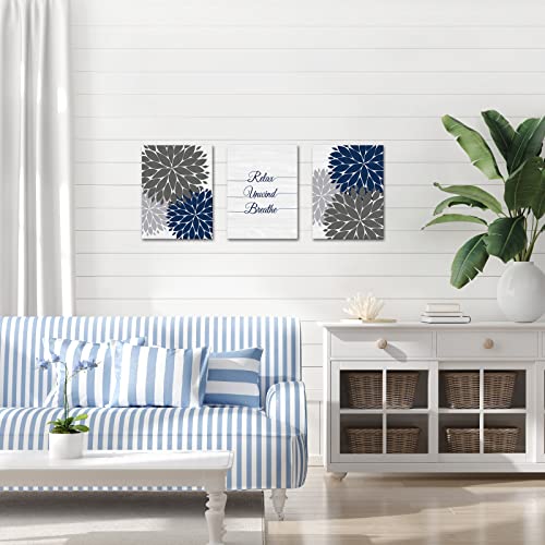 iHAPPYWALL 3 Pieces Relax Unwind Navy Bathroom Wall Art Blue and Grey Bath Flowers Funny Bathroom Sign Art Print for Spa Yoga Bedroom Wall Decor Ready to Hang 12x16inchx3pcs - Image 5