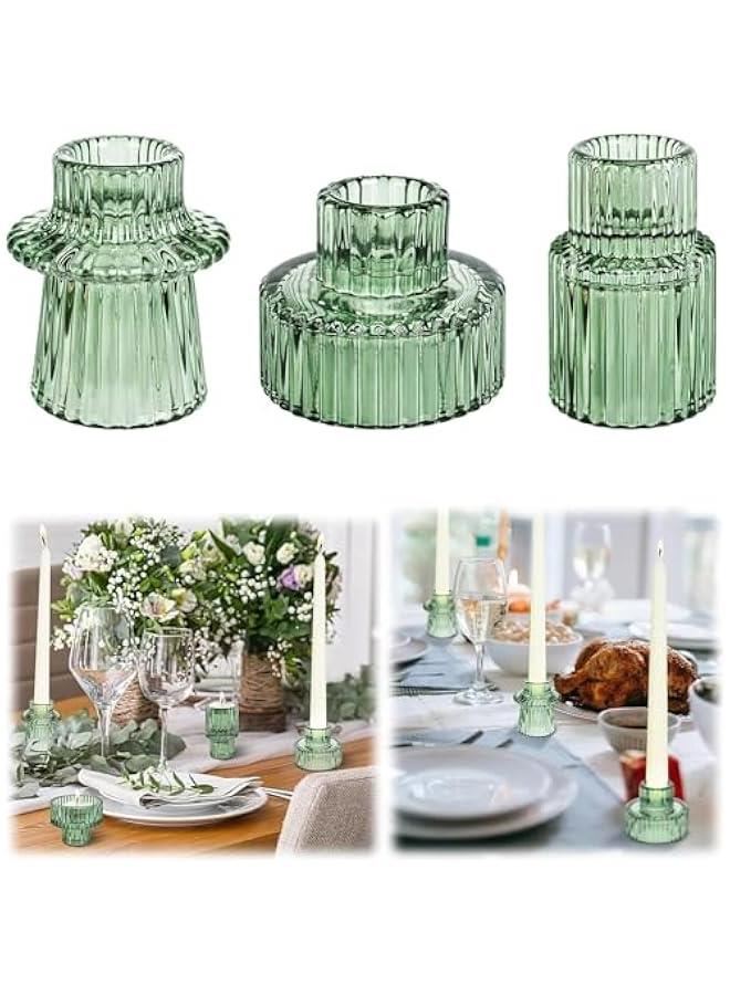 HOOKOR Candlestick Holders Set of 3 Glass Candle Holders for Taper Candles,Pillar Candles and Tealight Candles,for Table Centerpieces, Wedding Decor and Dinner Party (Green)  - Image 1